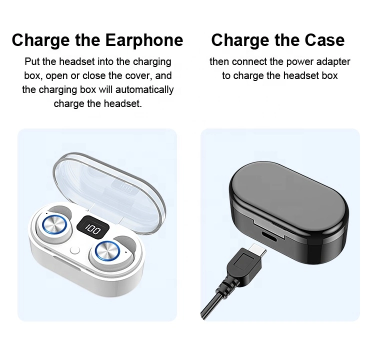 Bluetooth 5.0 Wireless Tws in-Ear Type-C Charging Port LED Power Display Headphone Earbuds Earphones