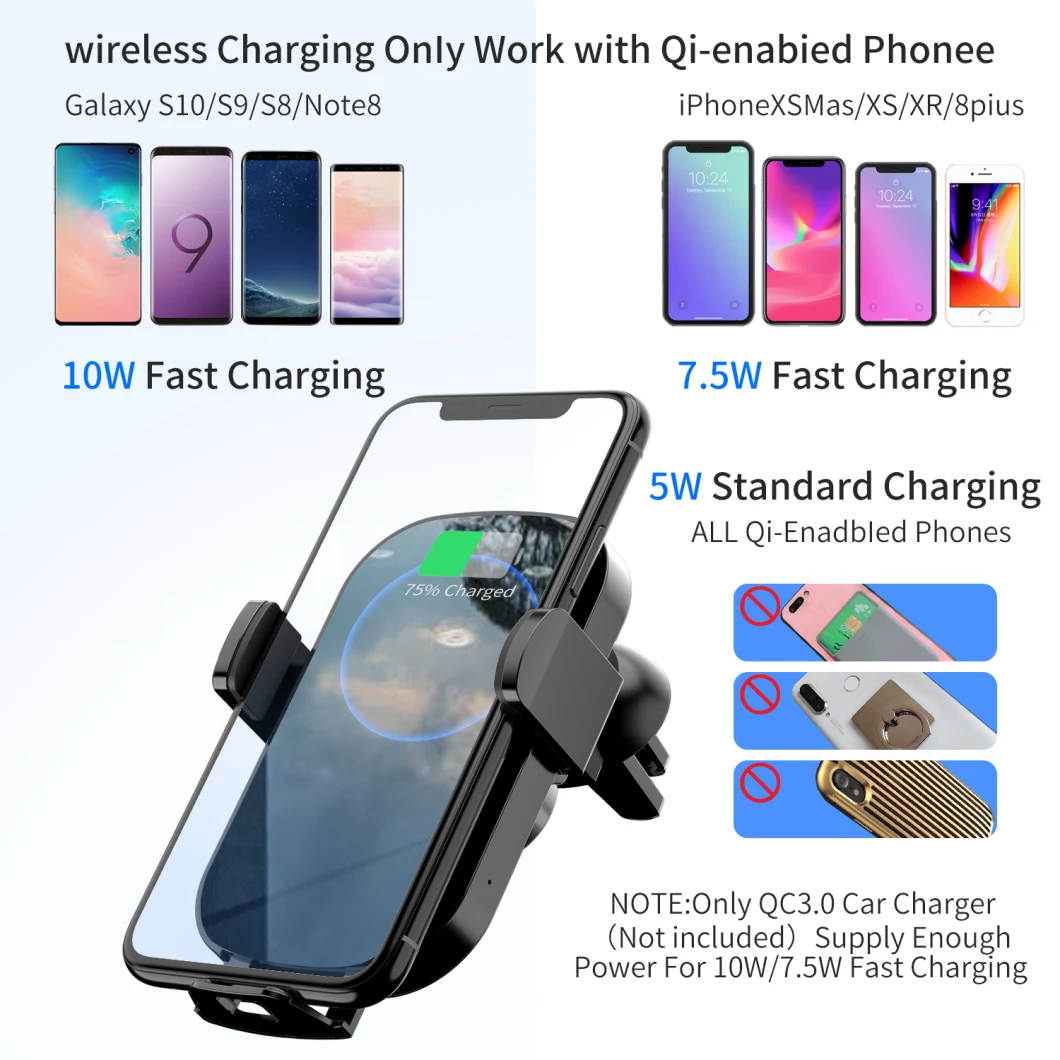 15W Fast Charge Smart Coil Sense Car Wireless Charger with Adjustable Air Vent Holder