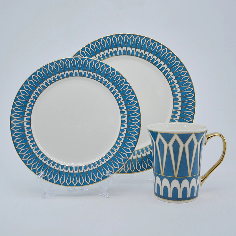 Blue Color Nordic Style Ceramic Tableware with Gold Mug Handle and Gold Plate Rim