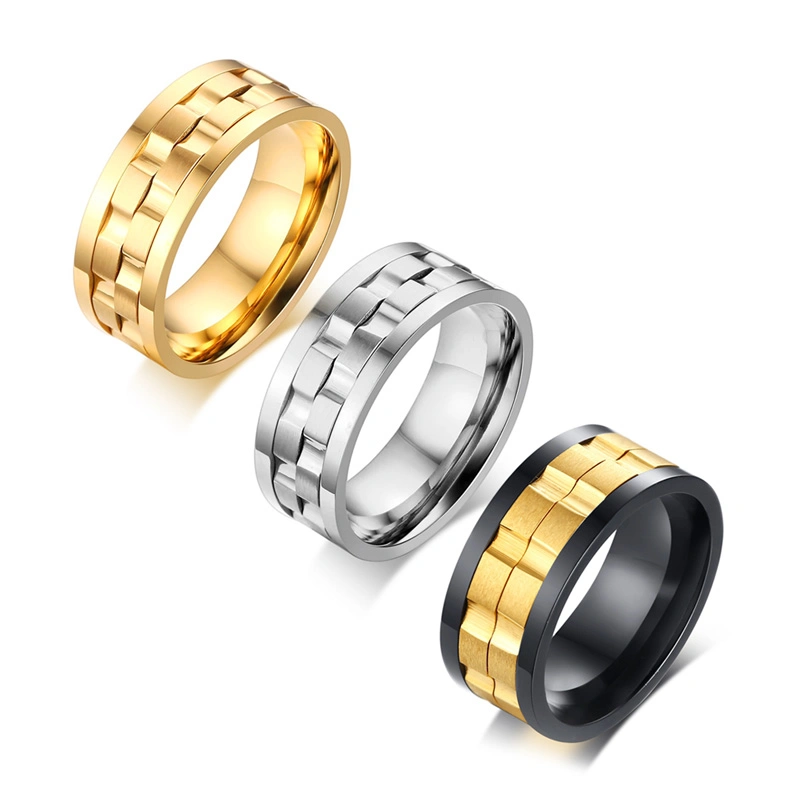 Stainless Steel Elegant Tire Tracks Fashion Gold Ring in Black