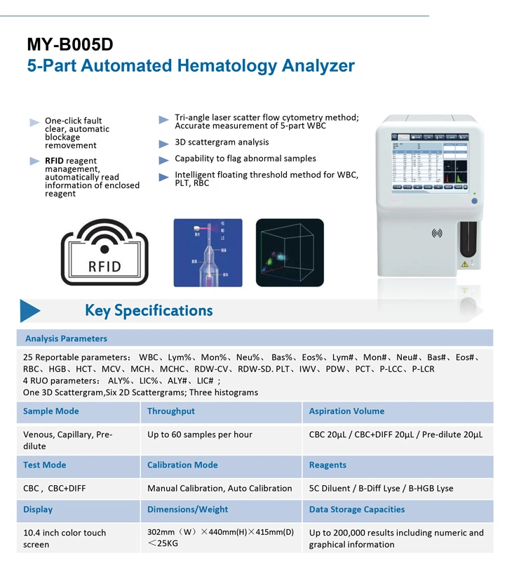 My-B005D Laboratory Instrument Blood Analysis 5 Part Automated Hematology Analyzer