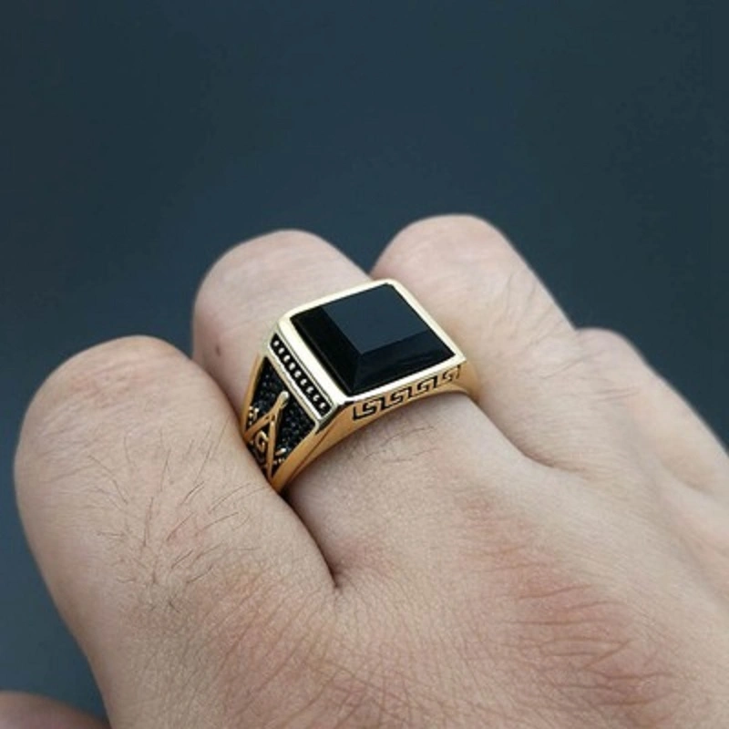 Stainless Steel Masonic Ring with Agate Big Black Stone Geometric Retro Ring for Men Esg14281
