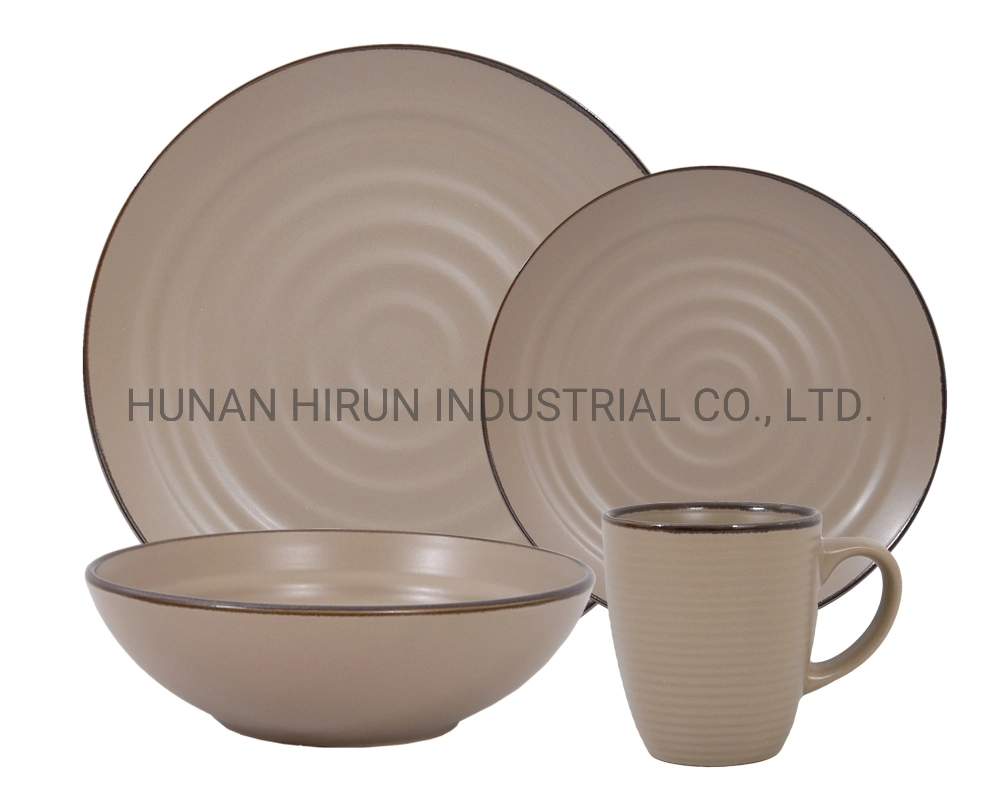 Embossed Glazed Ceramic Tableware with Gold Color Rim