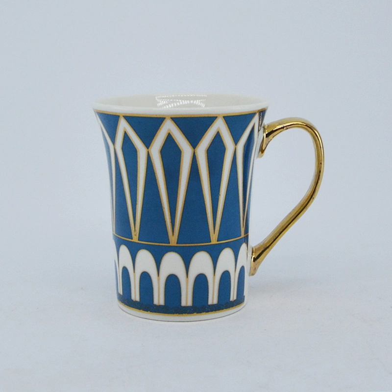 Blue Color Nordic Style Ceramic Tableware with Gold Mug Handle and Gold Plate Rim