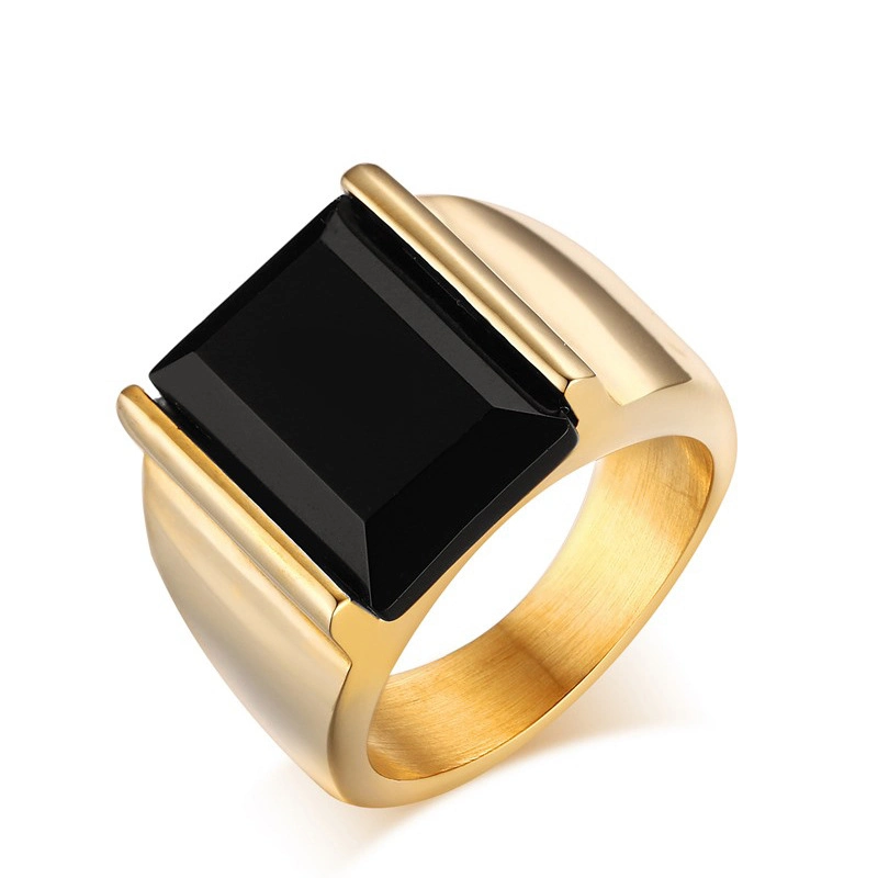 Fashion 18k Gold Plated Stainless Steel Single Black Stone Ring Designs for Men