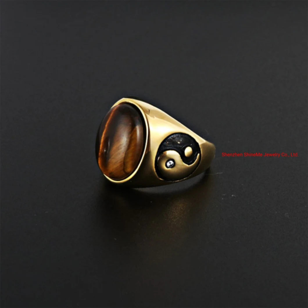 Tiger's Eye Ring Punk Rock Gossip Pattern Stainless Steel Jewelry Black Gemstone Ring Sgmr2935