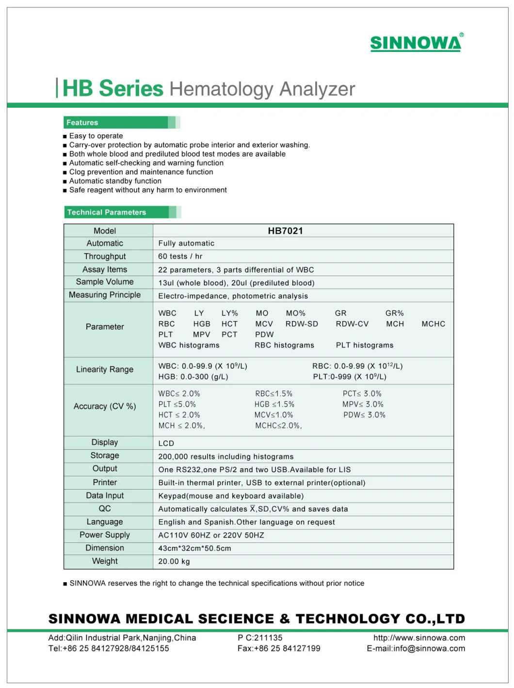 3 Part Automated Hematology Analyzer Hb-7021