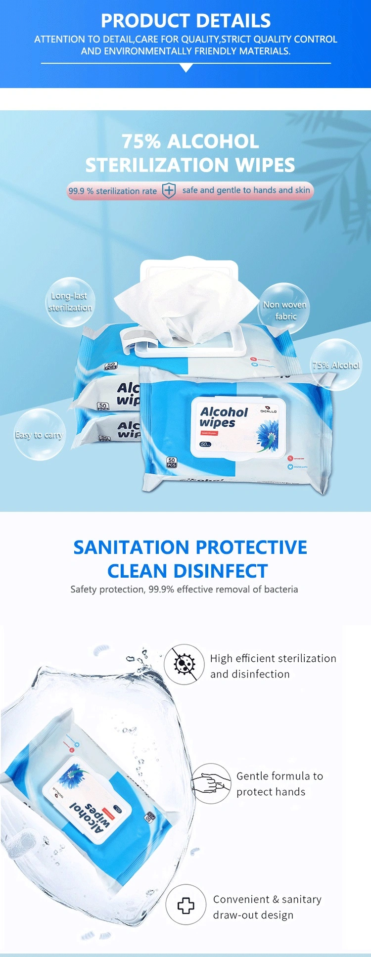 EPA Certified 75% Alcohol Hand Sanitizer Non Woven Cleaning Wipe Wet Tissue