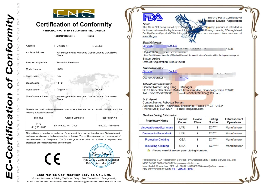 Factory Made N95 Mask En149 Ffp2 Ce FDA Sterile Coronavirus Protection 5-Ply