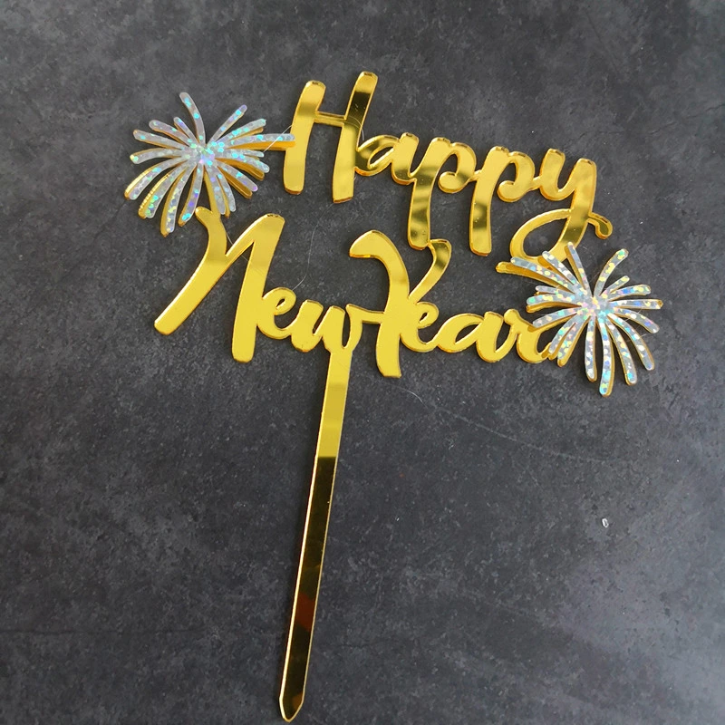 Baking Tools Birthday Wedding Decoration Acrylic Cake Topper Cupcake Toppers Double Layer Fireworks Happy New Year Cake Topper