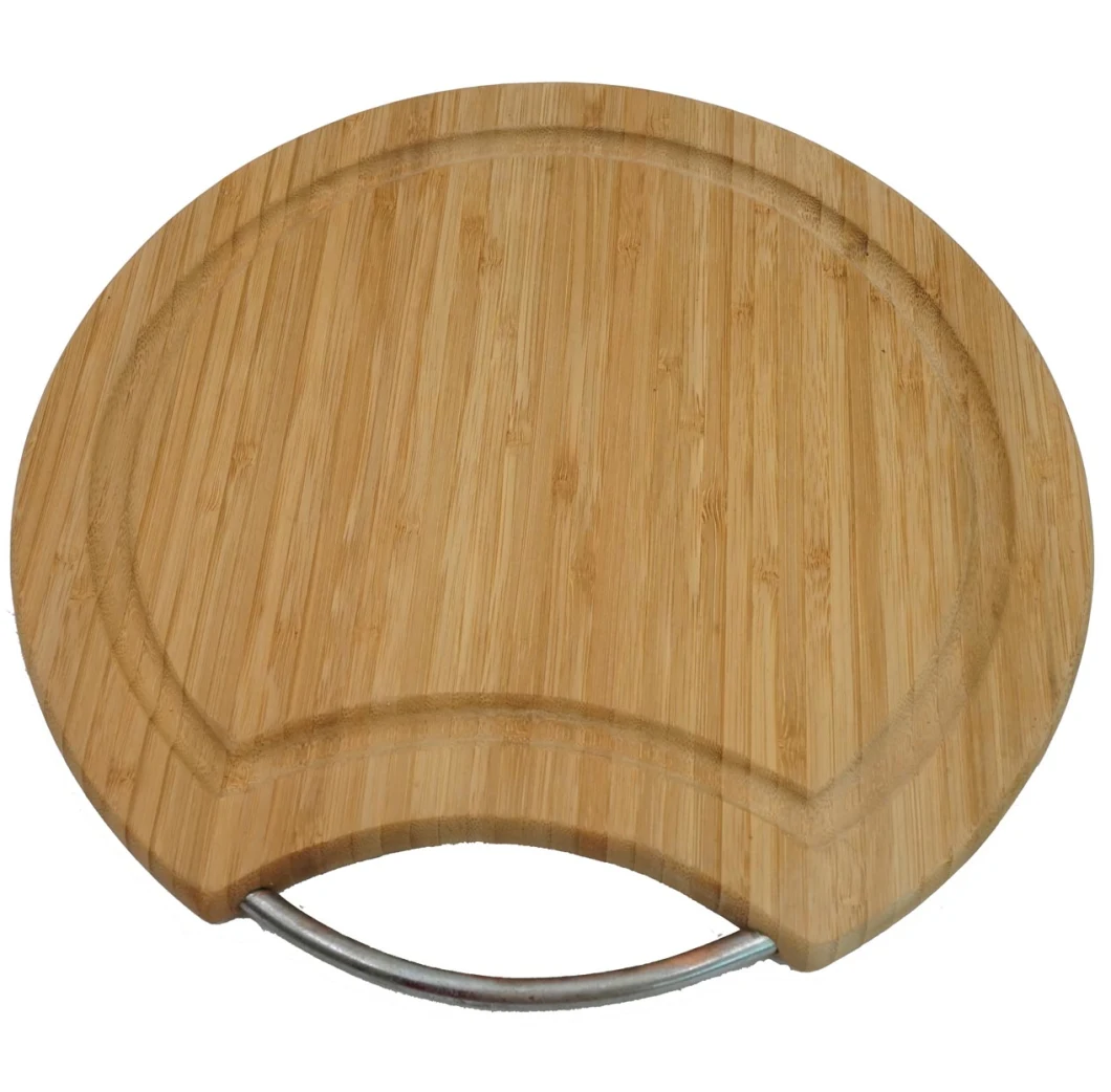 Bamboo Wood Round Cutting Board Professional Heavy Large Kitchen Block Chopping Board with Stainless Steel Handle