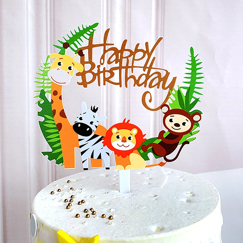 Kids Birthday Party Decor Animal Giraffe Lion Monkey Cake Toppers Happy Birthday Acrylic Cartoon Cake Topper