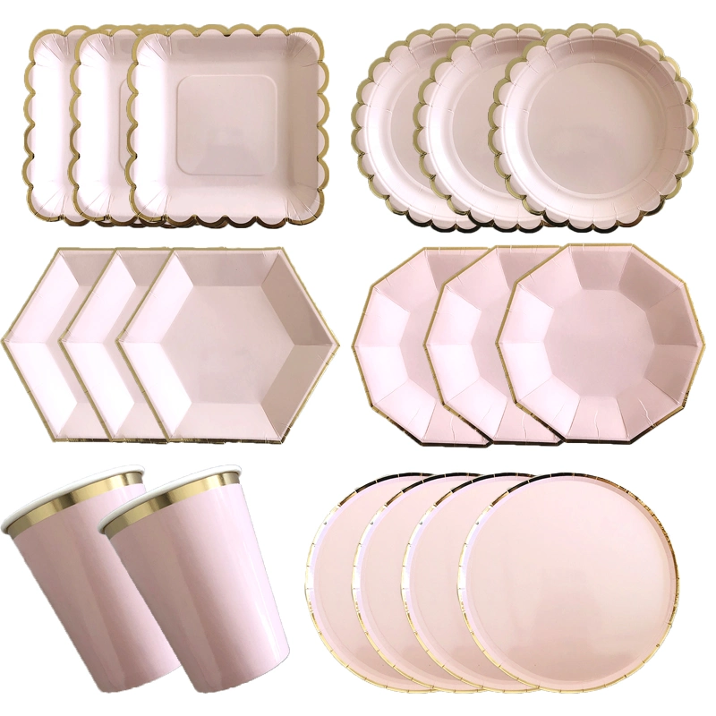 Pink Gold Party Disposable Tableware Champagne Paper Dish Plate Straw Napkins Birthday Carnival Wedding Dish