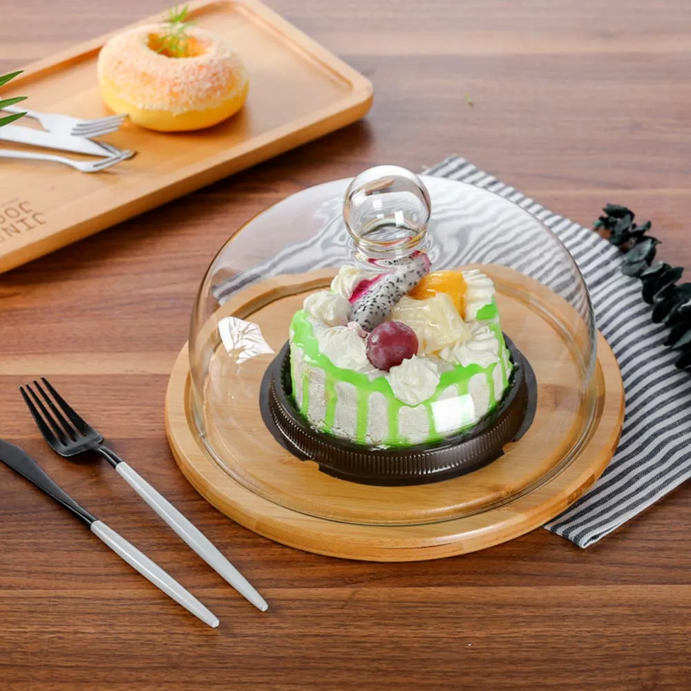 Round Bamboo Serving Tray with Glass Lid Cover for Salad Cheese, Bread, Cake, Snacks Tray.