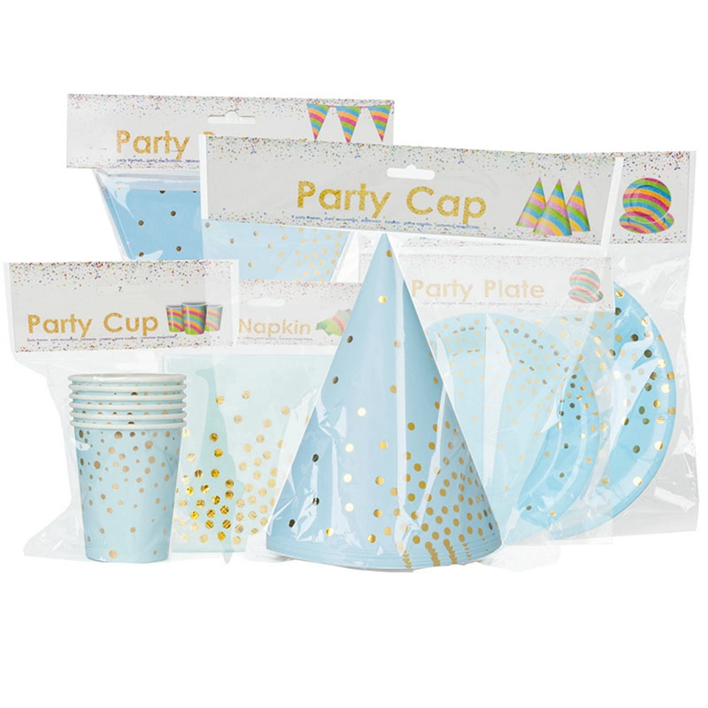 Disposable Cardboard Tableware Set Blue Gold Foiling Plate Paper Cup Napkin Party Wedding Birthday Tableware