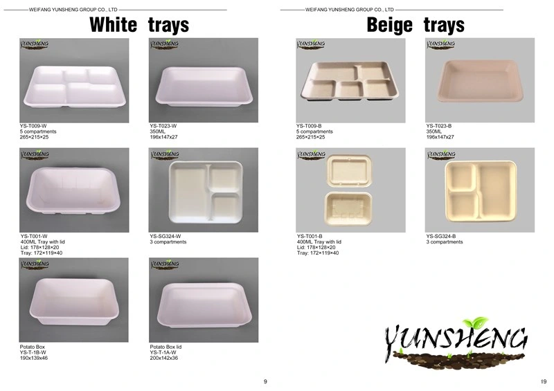 Degradable Disposable Customized Square or Round White or Light Brown Paper Trays with Several Compartments