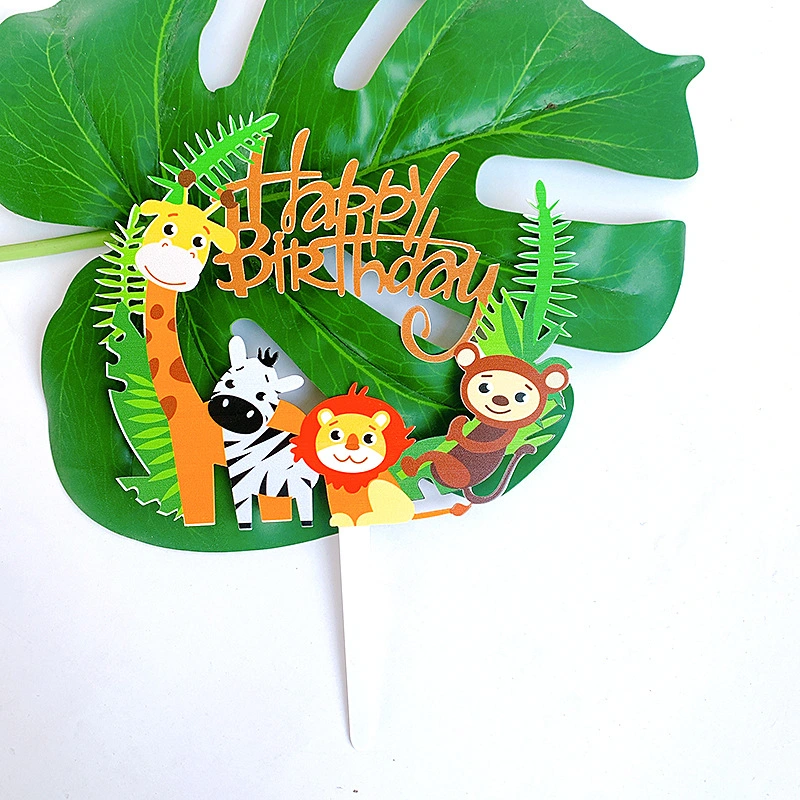Kids Birthday Party Decor Animal Giraffe Lion Monkey Cake Toppers Happy Birthday Acrylic Cartoon Cake Topper