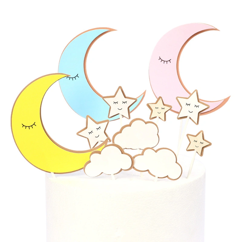 9PCS Cute Birthday Baby Shower Party Cake Decoration Cake Cupcake Toppers Moon Star Cloud Design Cake Toppers Set