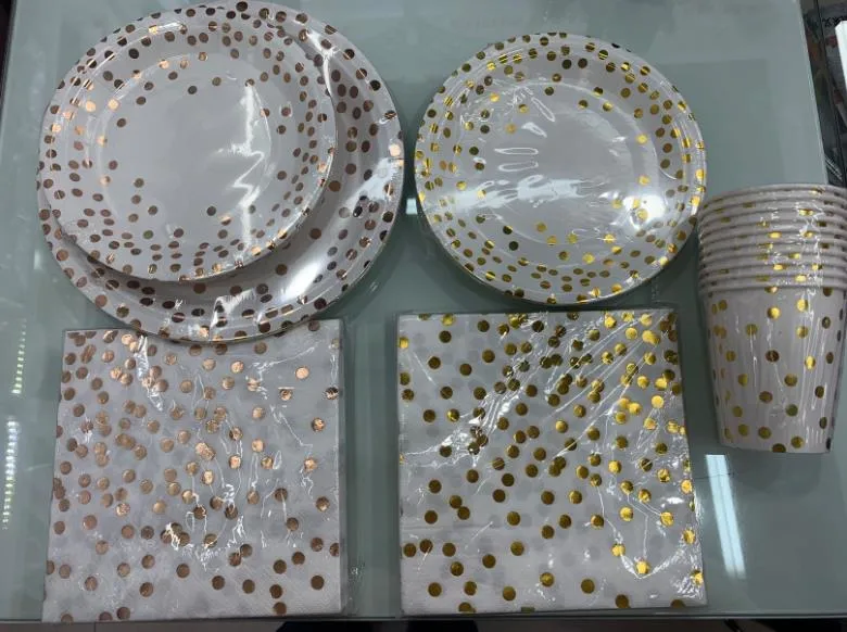 200PCS Gold DOT Disposable Paper Plates, Cups and Napkins, Tableware Sets