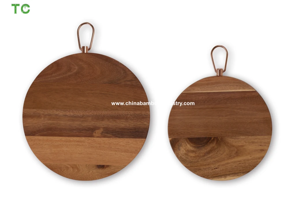 Round Acacia Wood Cutting Board Cheese and Serving Board with Stainless Steel Handle