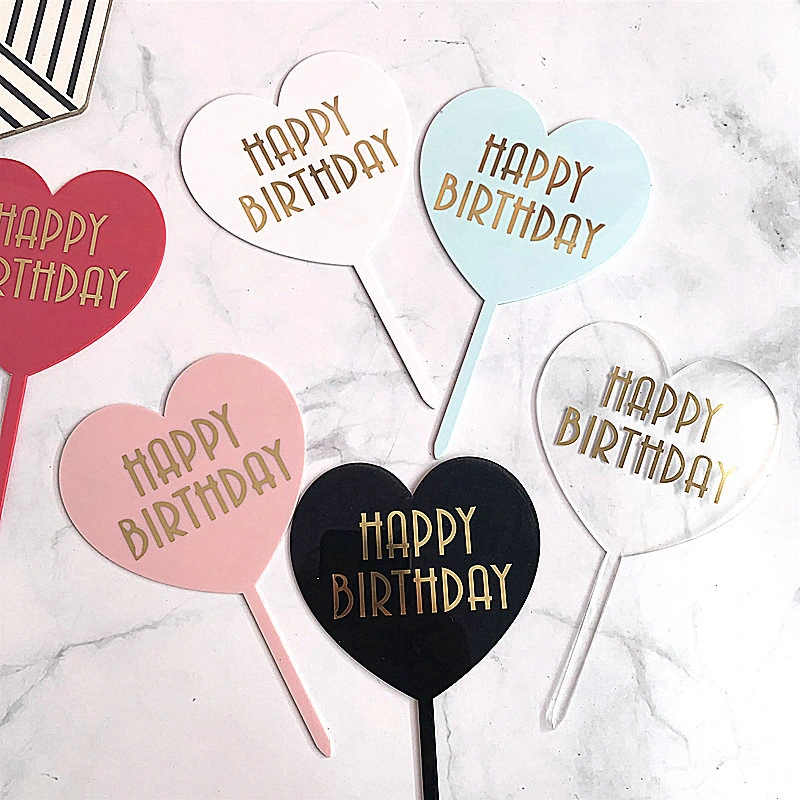 Hot Stamping Acrylic Cake Accessories Heart Shape Cake Decorating Happy Birthday Acrylic Cake Toppers