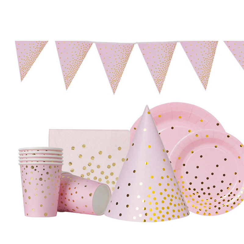 Pink Disposable Tableware Set Gold Foil Paper Plates Cups Napkins Wedding Birthday Baby Shower Party Decor