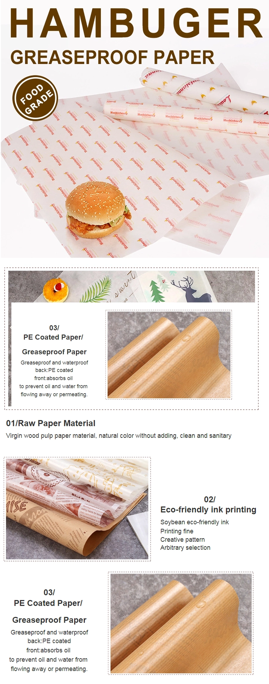 Customized Printed Baking Paper for Sandwich Hamburger Paper Wholesale Food Wrapping Wax Paper