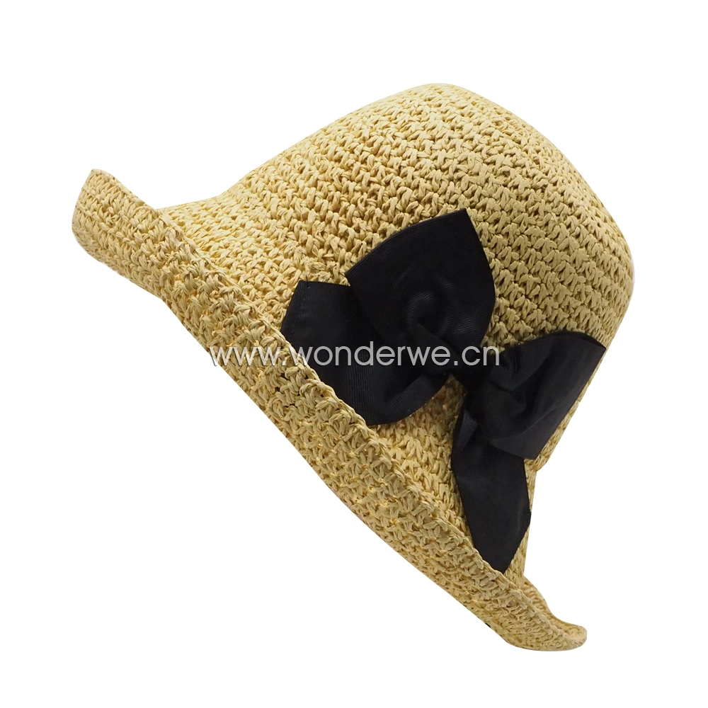 Hand Made Bow Style Natural Color Paper String Bucket Straw Hat for Ladies