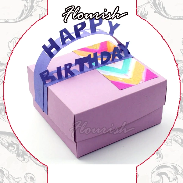 Romantic Pink Purple Color Cardboard Happy Birthday Cake Packaging Paper Box with Greeting Cards