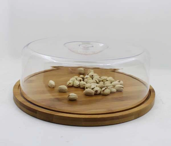 Flat Round Cake Plate, Covered Dessert Display, Clear Glass Dome with Bamboo Base Dessert Serving Tray