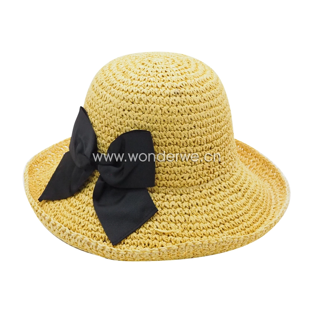 Hand Made Bow Style Natural Color Paper String Bucket Straw Hat for Ladies