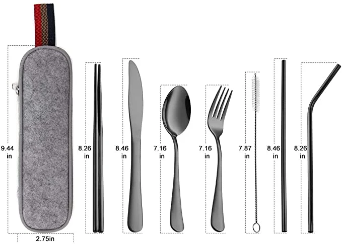 Portable Utensils Knife Fork Spoon Chopsticks Cleaning Brush Straws Dinner Cutlery Tableware Set Black Color