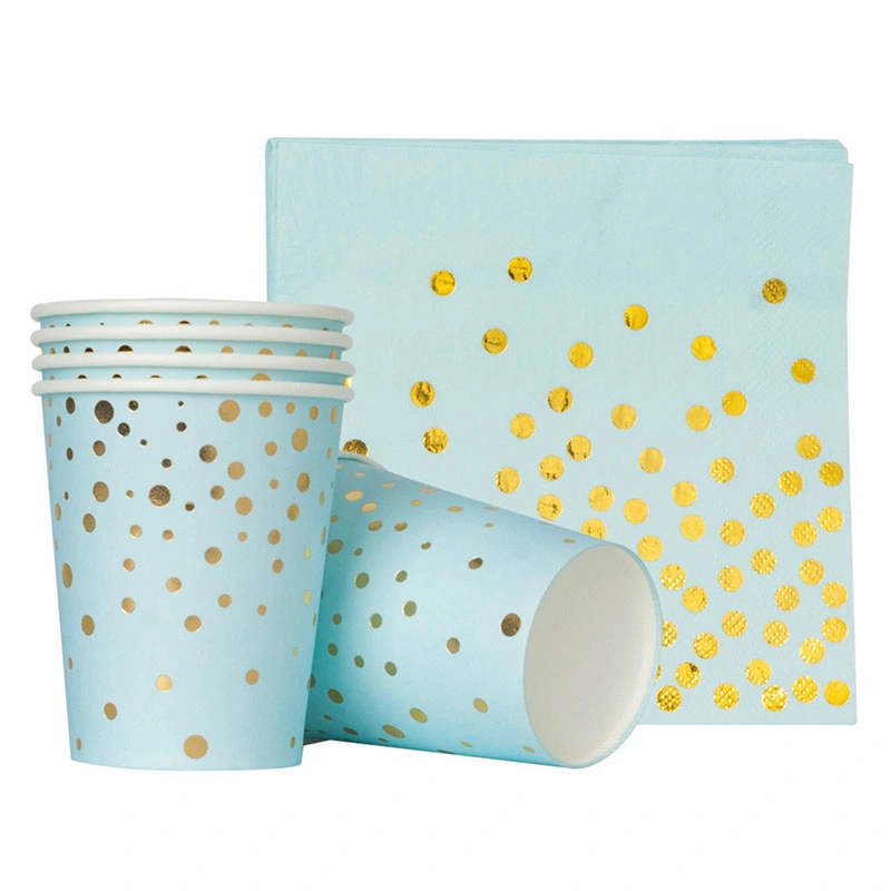 Disposable Cardboard Tableware Set Blue Gold Foiling Plate Paper Cup Napkin Party Wedding Birthday Tableware
