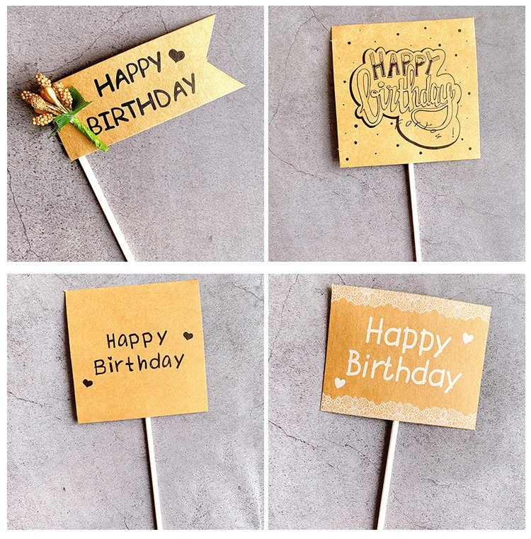 Hot Selling Baking Decoration Happy Birthday Card Cupcake Topper Creative Party Favors Kraft Paper Cake Toppers