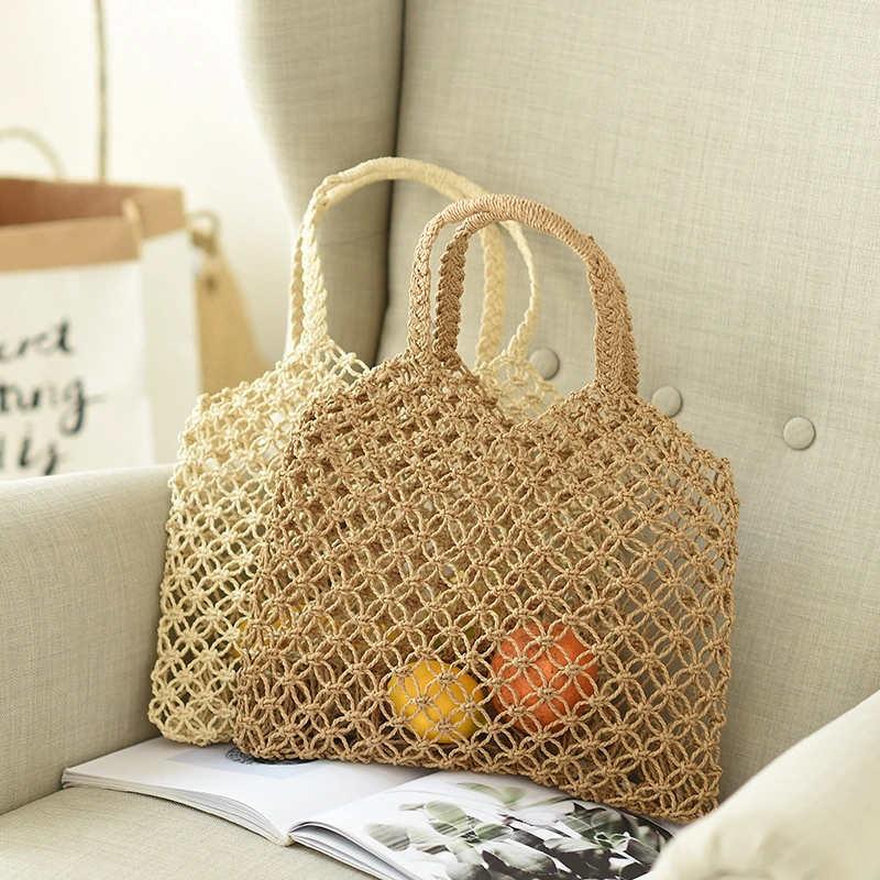 Cotton Straw Bag Paper Straw Beach Bag Crochet Straw Handbag