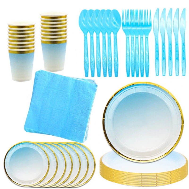 Disposable Blue Color Tableware Set Paper Plate Paper Cup Napkin Party Wedding Birthday Cutlery Tableware