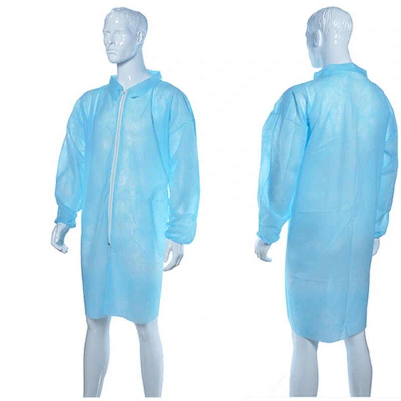 SMS Non Woven Disposable Lab Coat White/Blue Color with Elastic