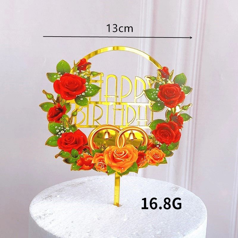 Ins Popular Style Acrylic Happy Birthday Cake Topper Wedding Party Decoration Gold Color Flower Birthday Cake Topper