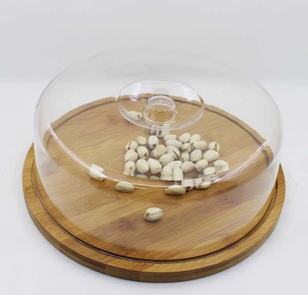 Flat Round Cake Plate, Covered Dessert Display, Clear Glass Dome with Bamboo Base Dessert Serving Tray