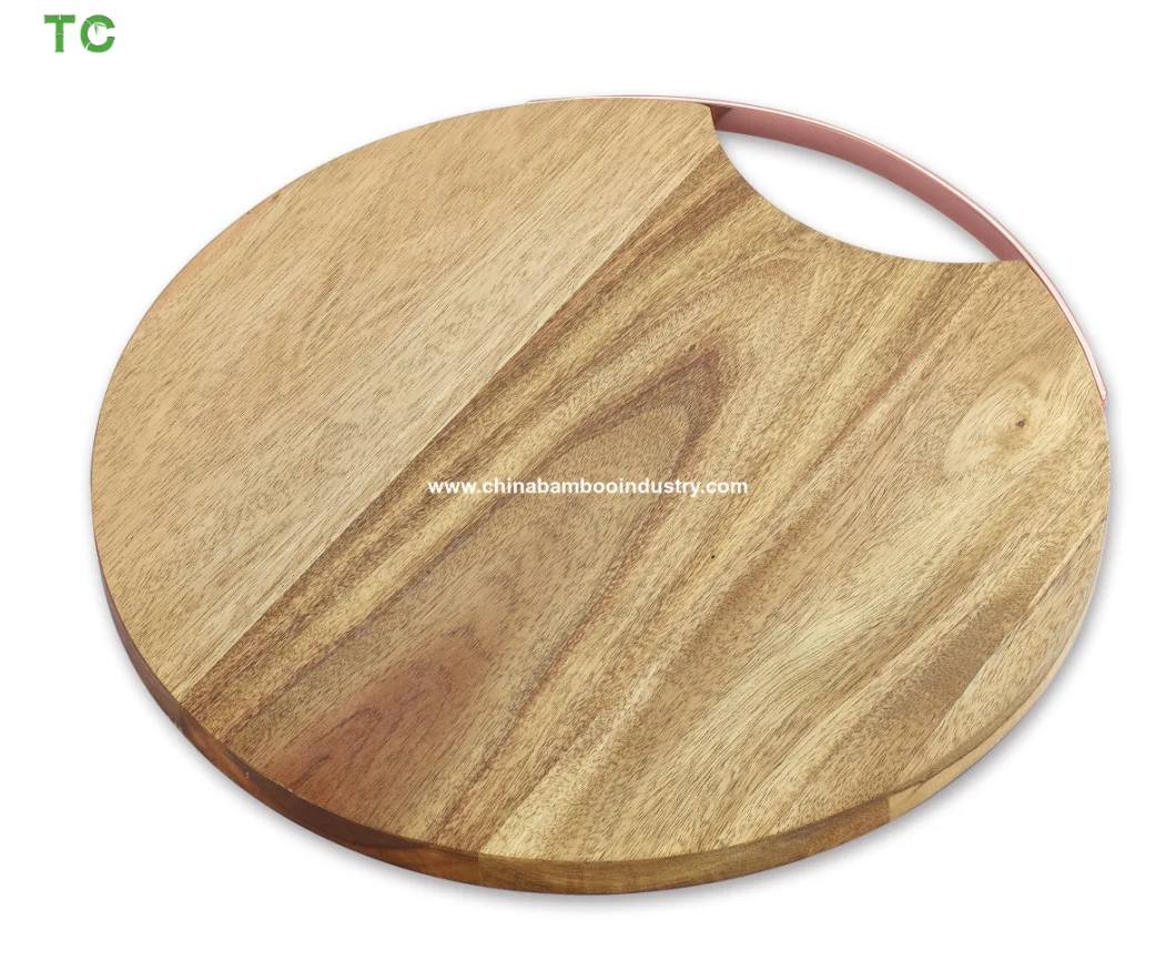 Round Acacia Wood Cutting Board Cheese and Serving Board with Stainless Steel Handle