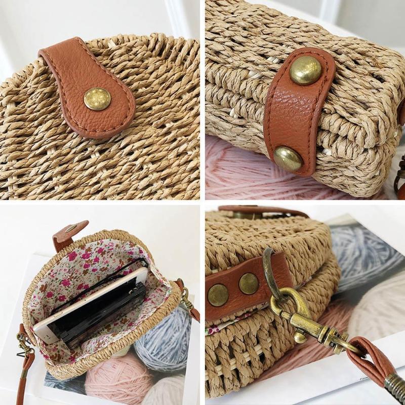 Solid Color Cylinder Double Handle Vintage Bucket Woven Handmade Ladies Paper Rope Beach Straw Bag