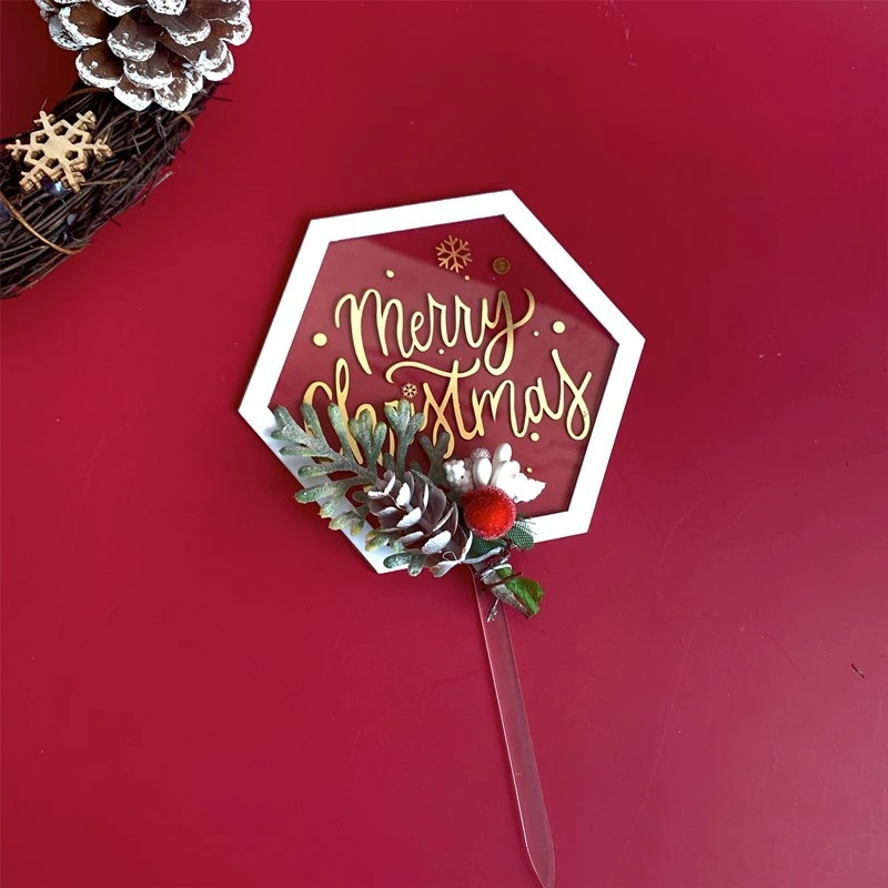 Creative Hot Stamping Gold Toppers Round Hexagon Shaped Merry Christmas Party Decoration Acrylic Christmas Cake Toppers