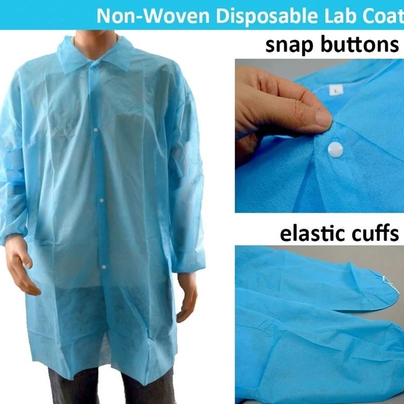 SMS Non Woven Disposable Lab Coat White/Blue Color with Elastic