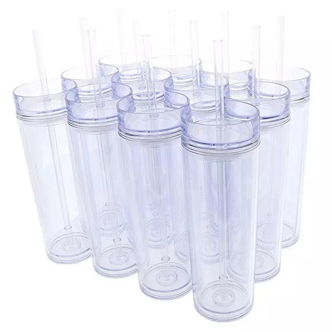 16oz Double Wall Clear Plastic Tumbler with Lids and Straws