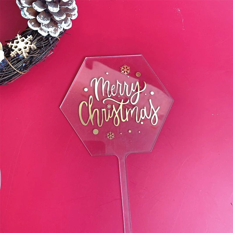 Creative Hot Stamping Gold Toppers Round Hexagon Shaped Merry Christmas Party Decoration Acrylic Christmas Cake Toppers