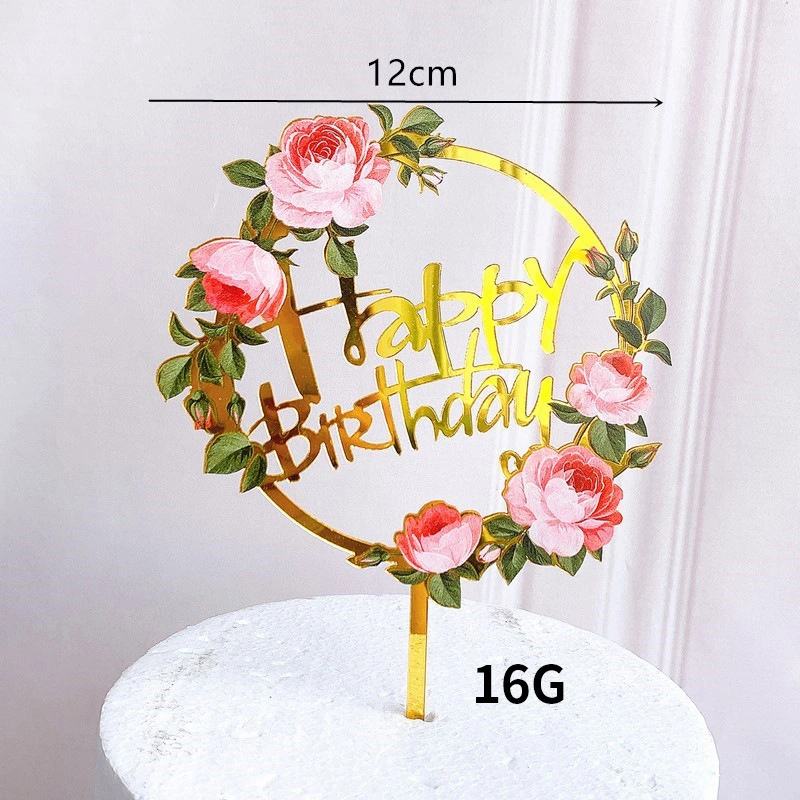 Ins Popular Style Acrylic Happy Birthday Cake Topper Wedding Party Decoration Gold Color Flower Birthday Cake Topper