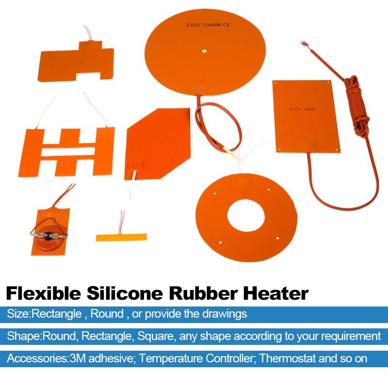 24V 12V 120V 220V 200 Degree Industrial Flexible Silicone Rubber Heating Pad Plate Heater with Thermostat
