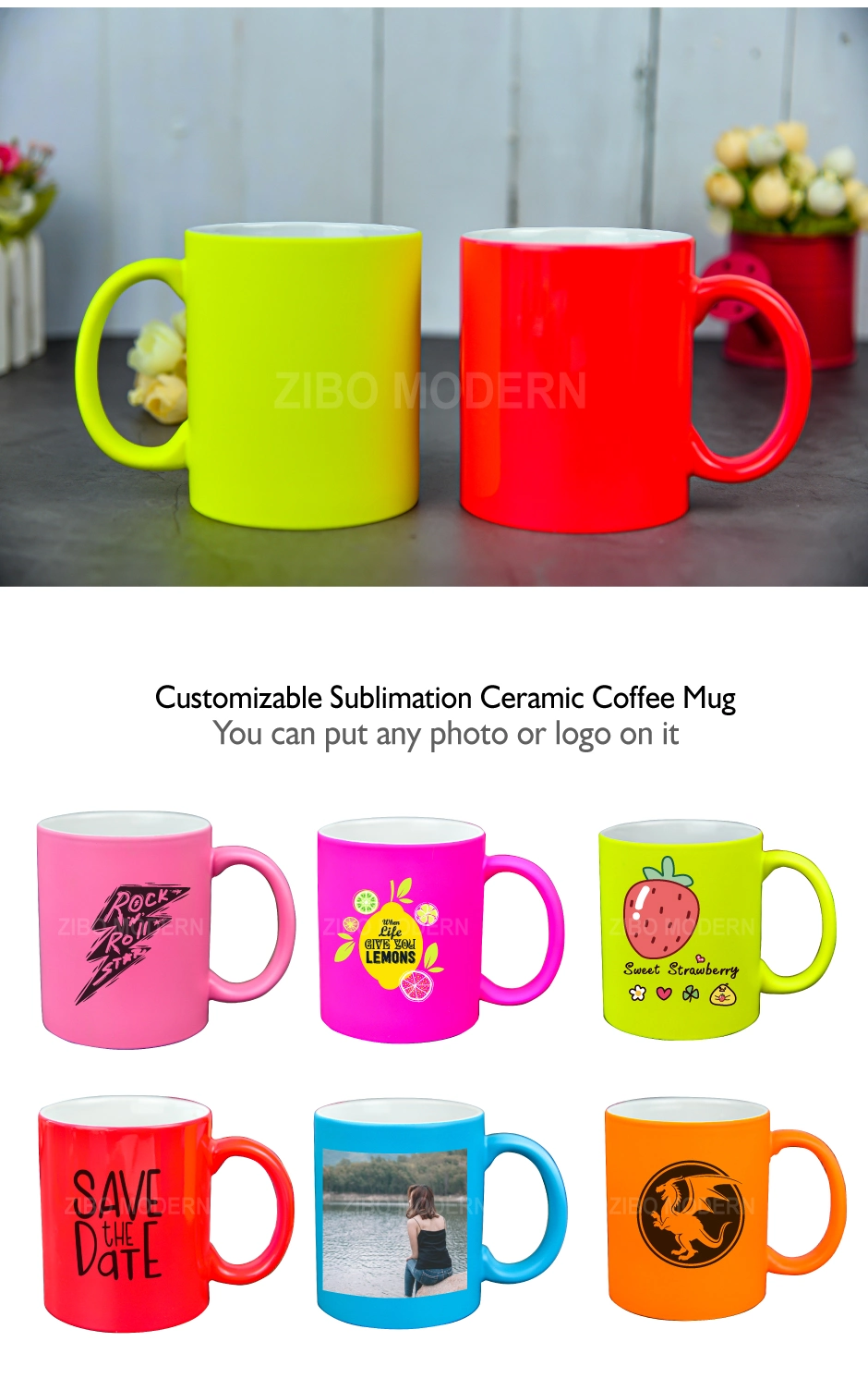 11oz Customizable Sublimation Mug in Fluorescence Finished Effect Color, Porcelain Coffee Mug / Tea Mug, Ceramic Mug