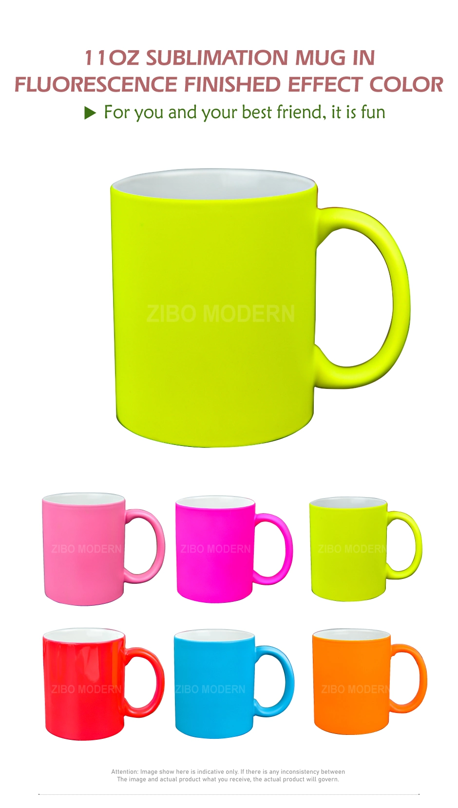 11oz Customizable Sublimation Mug in Fluorescence Finished Effect Color, Porcelain Coffee Mug / Tea Mug, Ceramic Mug