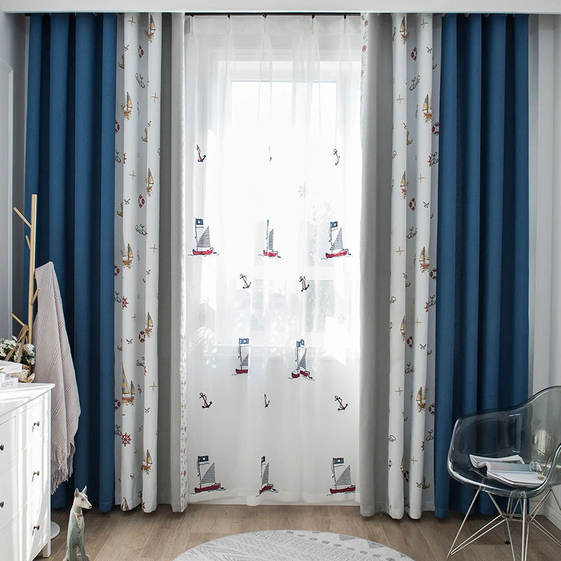 Non-Blocking Yarn-Dyed Jacquard Curtains Cartoon Sailing Seamless Stitching Cotton and Linen Hand-Feel Blackout Curtain Fabric